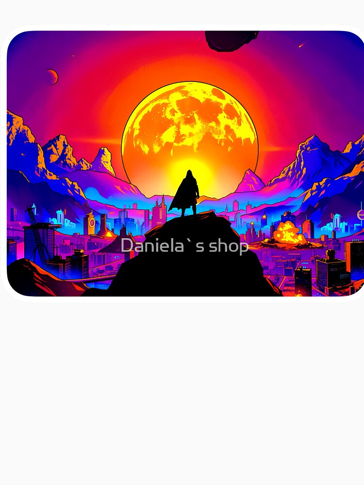 Neon Guardian: Cyberpunk City Sunset Silhouette by Daniela`s shop