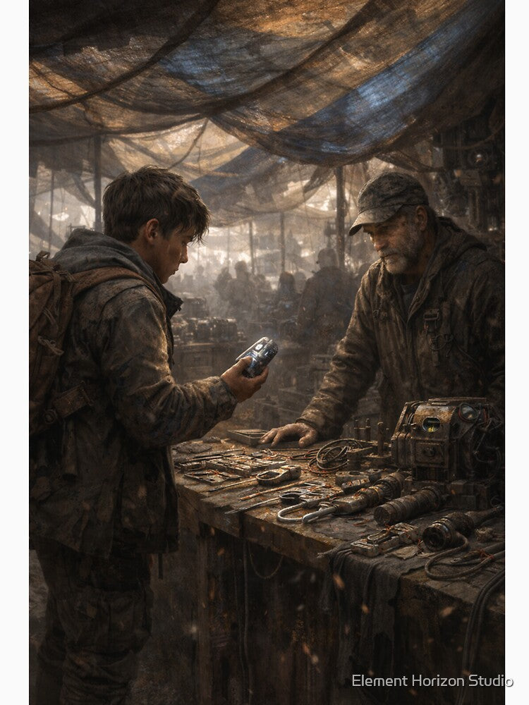Post-Apocalyptic Salvage Market – Sci-Fi Fantasy Scavenger Trader Art Print by Element Horizon Studio