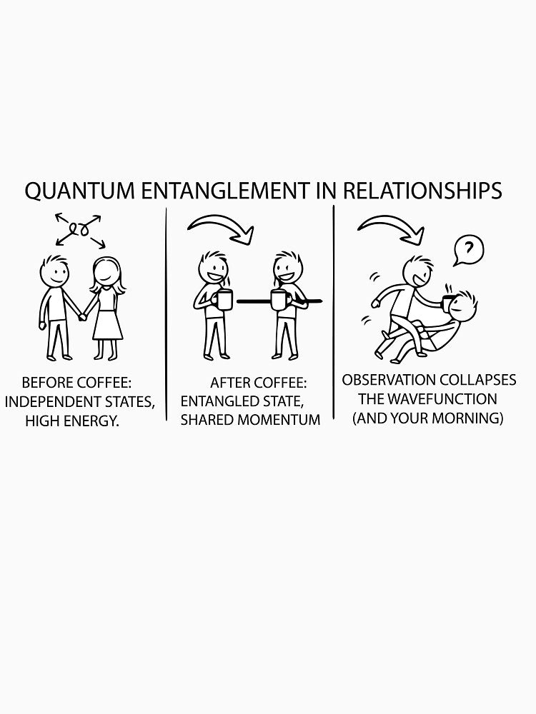 Quantum Entanglement Coffee Physics Humor - xkcd Style  T-Shirt by callmemmed