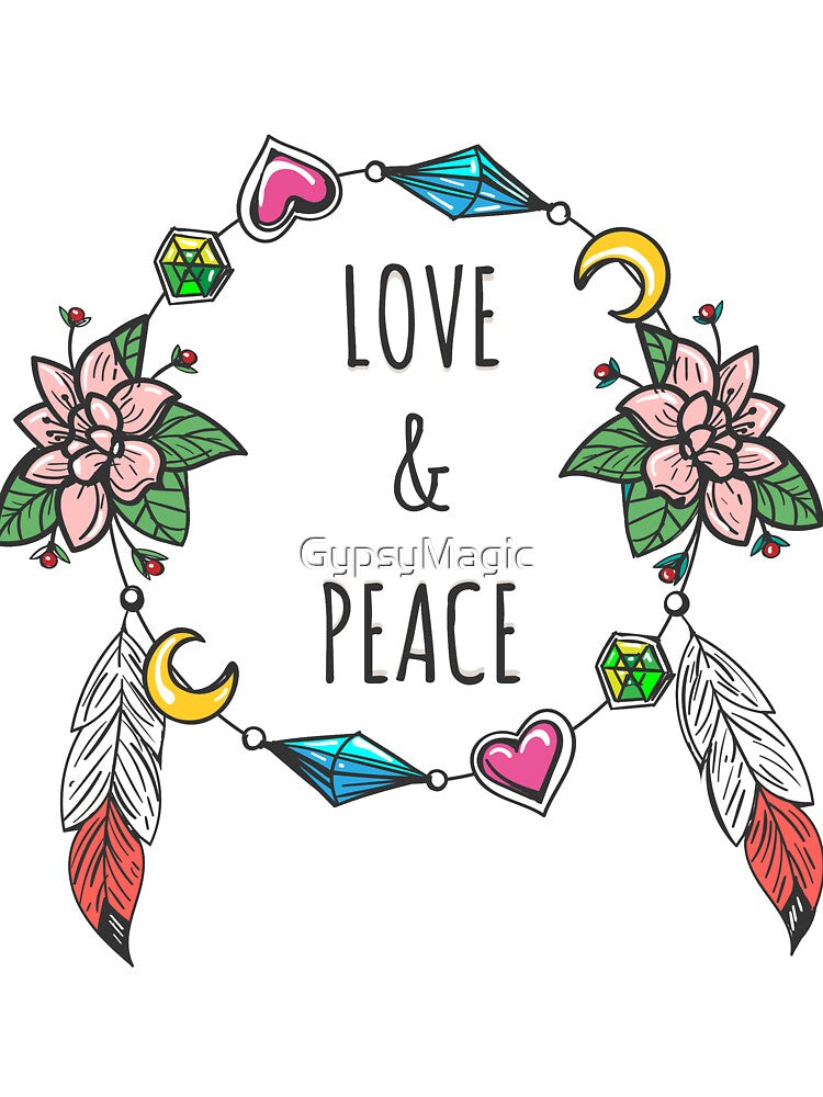 Love and peace Sign Boho Style with Pink Flowers and Moon by GypsyMagic