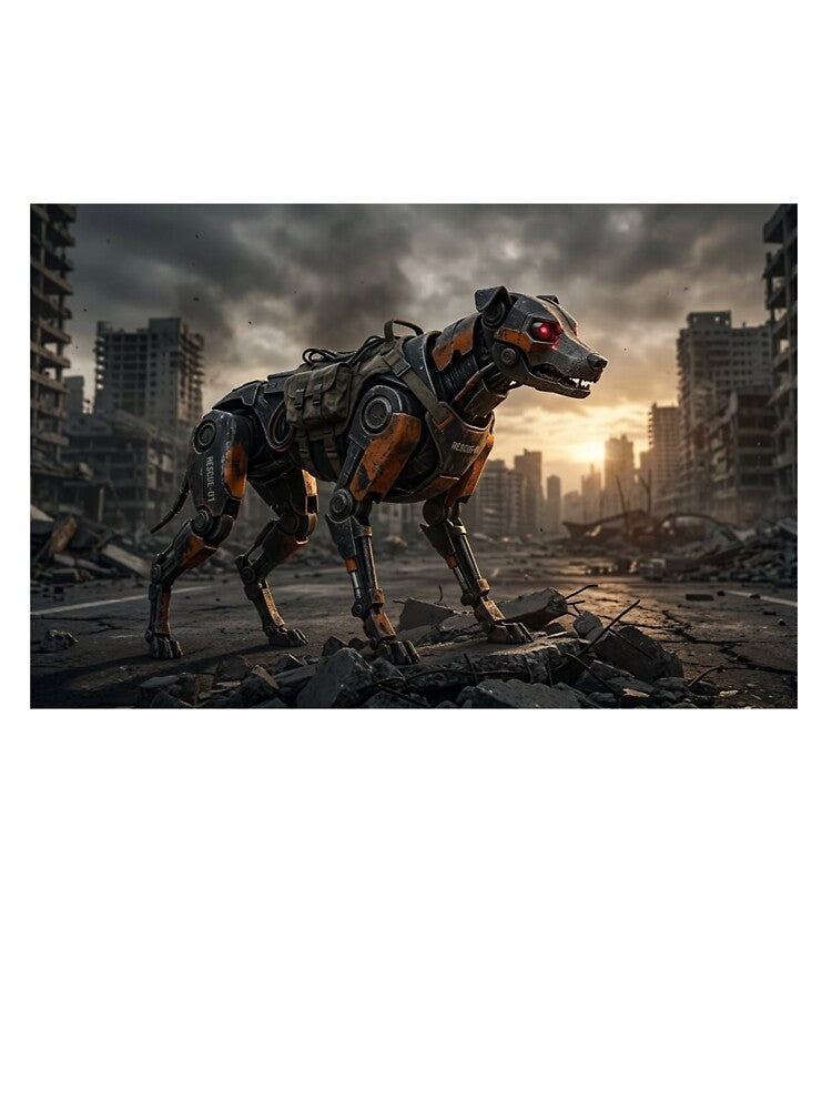 Lone Robotic Dog in Abandoned City - Cyberpunk Sci-Fi Art by Larrysamdesign