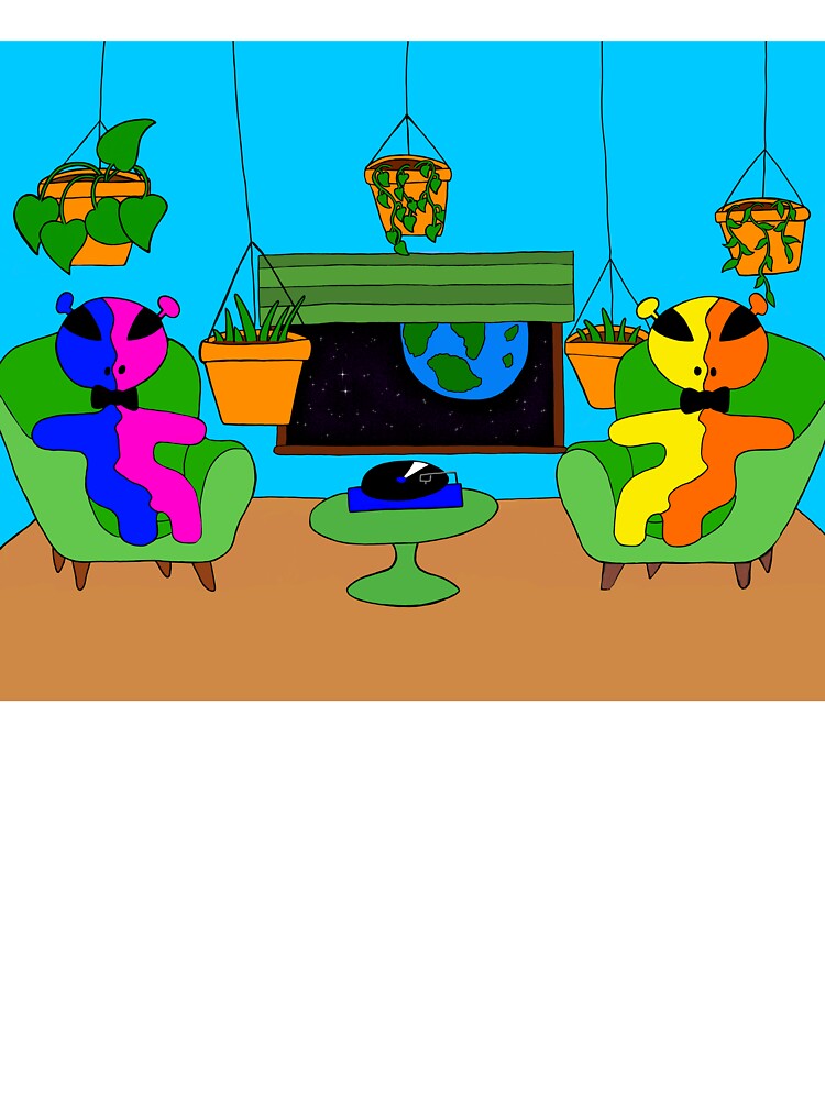 Cozy Aliens Listening to Vinyl – Cute Sci-Fi Room with Plants and a View of Earth by Aunty Riah Studios