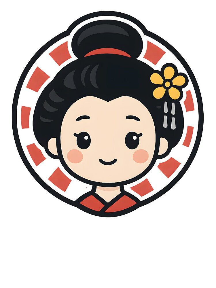 Kawaii Geisha with Yellow Flower and Red Sun | Japanese Art Illustration by OsasChild