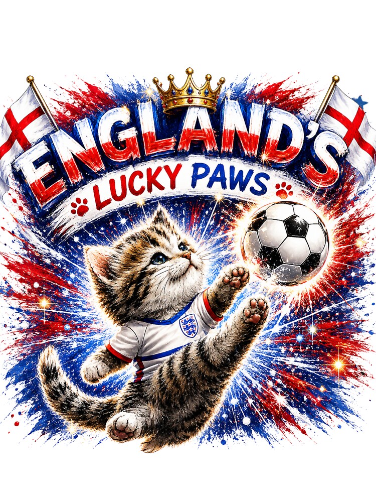 England’s Lucky Paws – Cute Football Kitten Soccer Fan Art | England Cat World Cup Design  Description by bazstees54