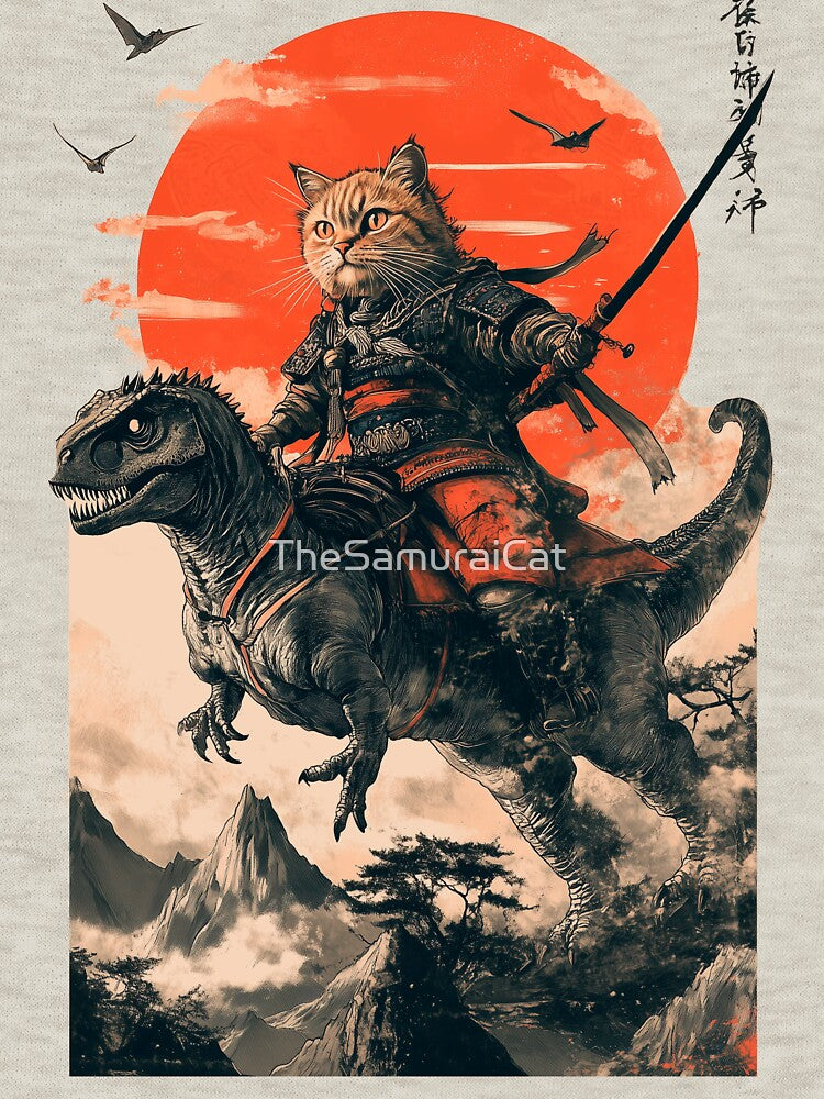 Samurai cat riding a dinosaur by TheSamuraiCat