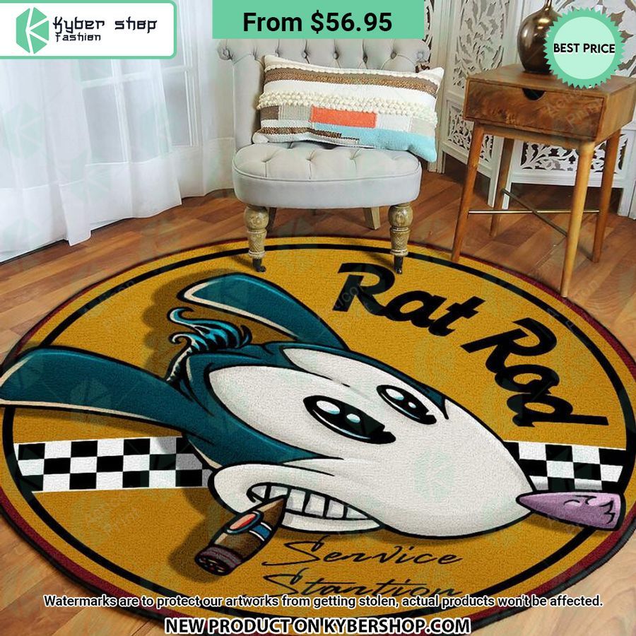 Rat Rod Hot Rod Service Stantion Round Rug
