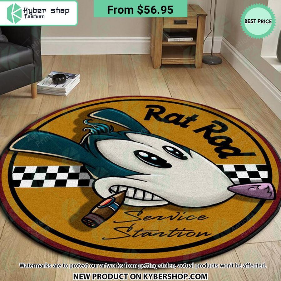 Rat Rod Hot Rod Service Stantion Round Rug