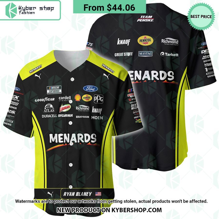 Ryan Blaney Nascar 2023 Menards Racing Baseball Jersey