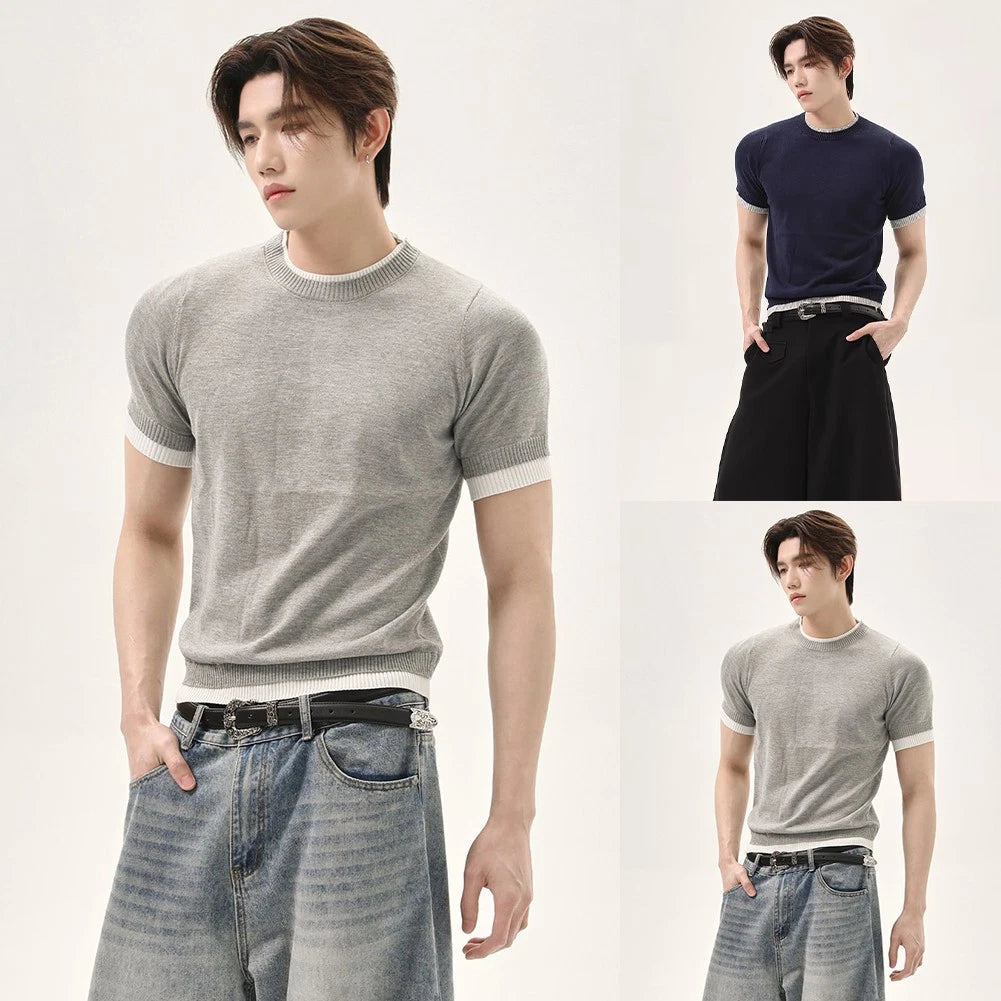 Men's Slim Fit Knit Splicing Short Sleeve Pullover T-Shirt Light Mature Style