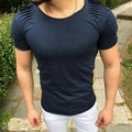 Mens Pleated Shoulder Short Sleeve T-Shirt Tight Fit Biker Top Punk Rock