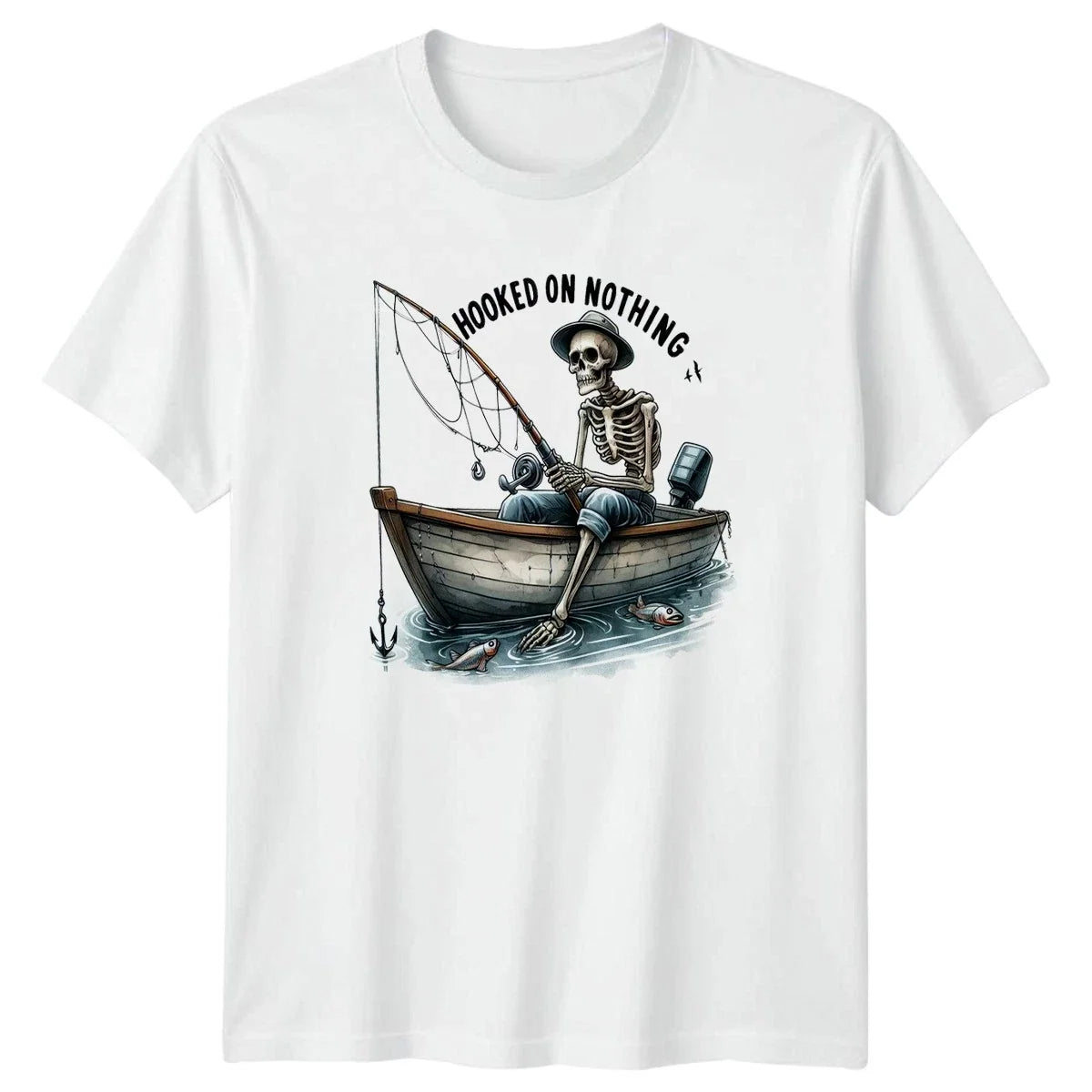 Hooked On Nothing T-Shirt Skeleton Novelty Fishing Birthday Gift For Him And Her