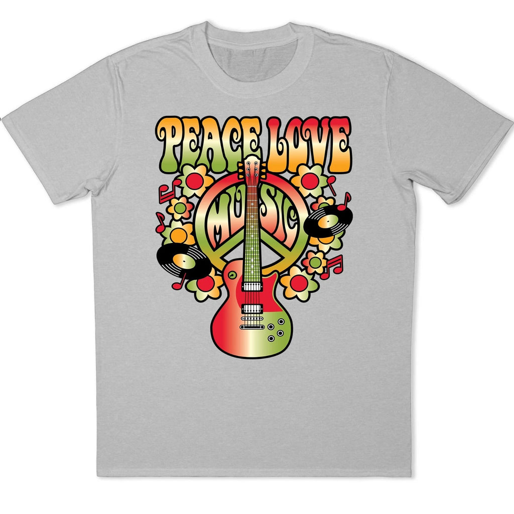 Peace Love Music Guitar Graphic T-Shirt Retro Hippie Festival Design Tee
