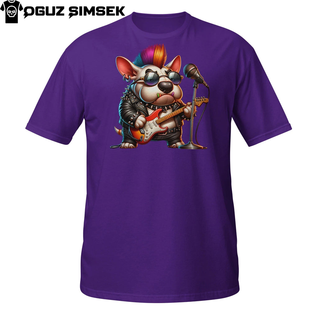 Punk Rock Bull Terrier T-Shirt | Grumpy Dog Guitarist | Funny Rockstar Pup Tee