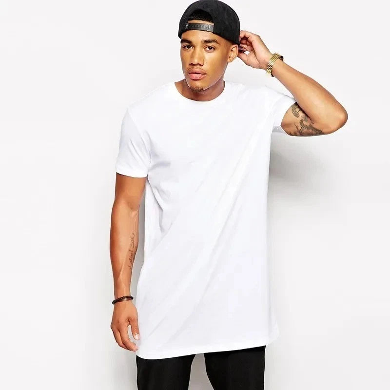 Men's Extra Long Cotton T Shirt Hip Hop Longline Oversized Casual Tee White