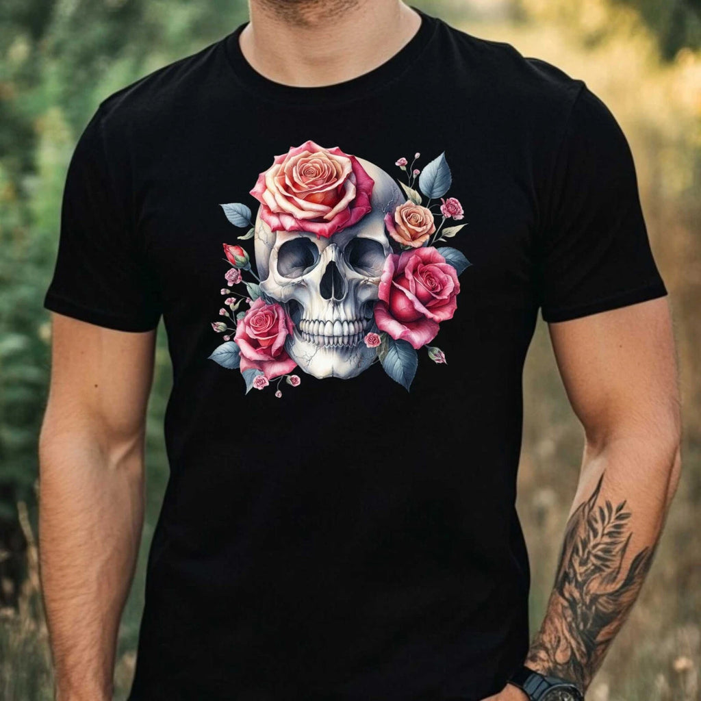 Mens Watercolour Rose Skull Motif Cotton T-Shirt Size XS to 5XL