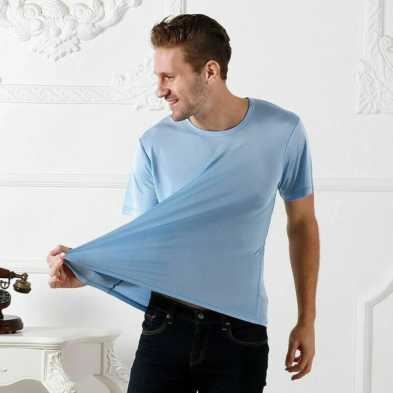 Men 100% Pure Silk T-shirt Top Knitted Casual Crew Neck Shirts Short Sleeve Soft
