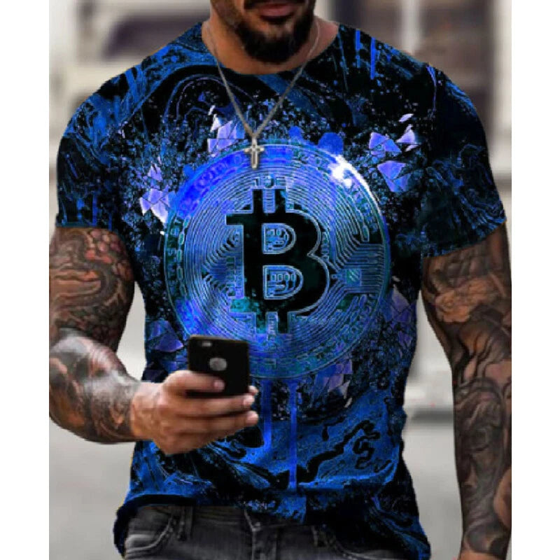 Men's Short Sleeve Men Tee T Shirts Blouse 3D Bitcoin Dye Print Punk Shirts Tops