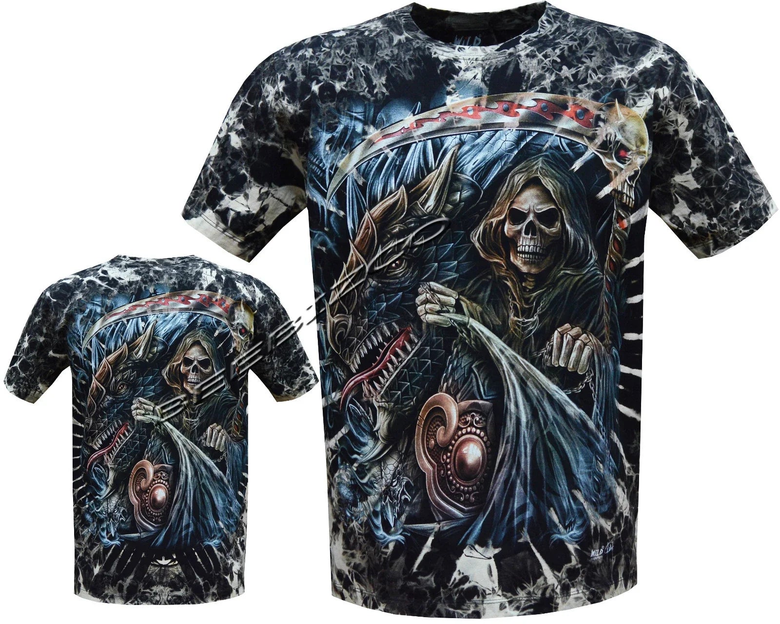 Mens Grim Reaper Skull Dragon Glow In Dark Tattoo Goth Tye Dye T-Shirt M - 2XL