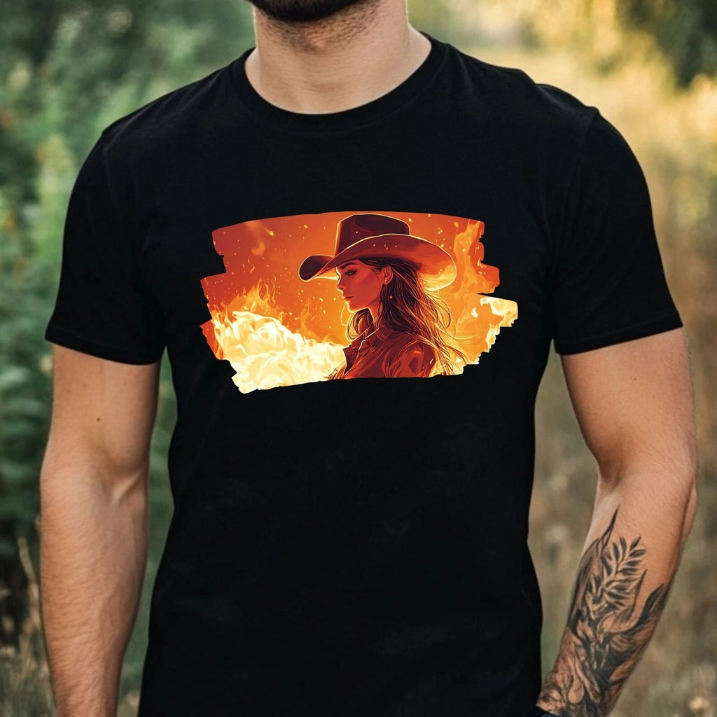 Mens Cowgirl on Fire Motif Cotton T-Shirt Size XS to 5XL