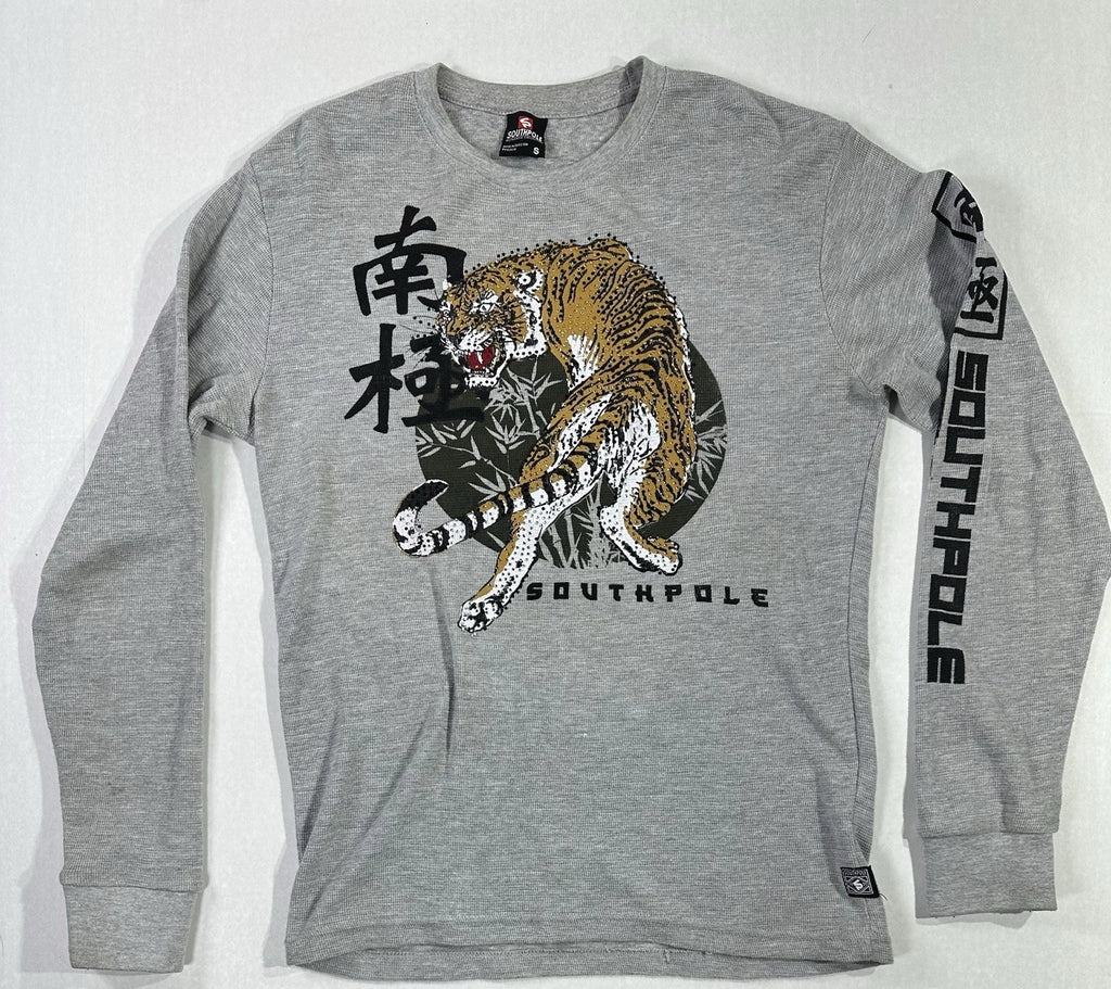 Southpole Men’s Long Sleeve Thermal Shirt Tiger Graphic Gray Size S