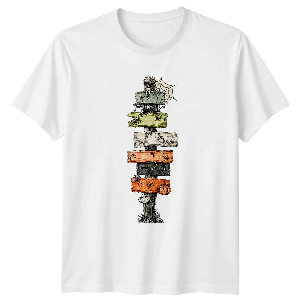 Halloween Haunted Signpost Spiders Mens T-Shirt Womens Tee Graphic Unisex Top