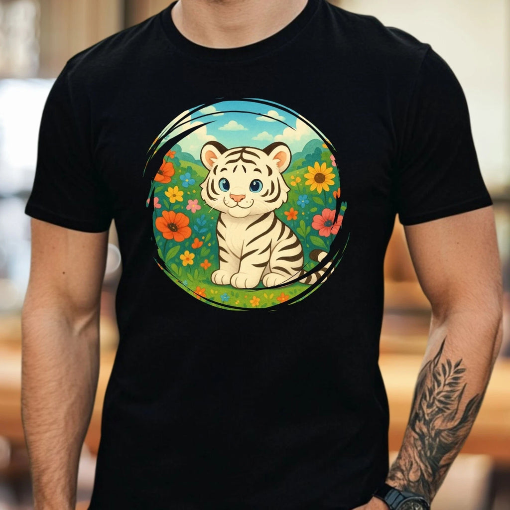 Mens White Tiger in Flower Garden Motif Cotton T-Shirt Size XS to 5XL