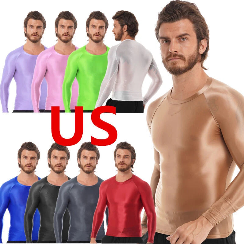 Mens T-Shirts Oily Silky Long Sleeve Shirts Solid Color Blouse Hiking Running