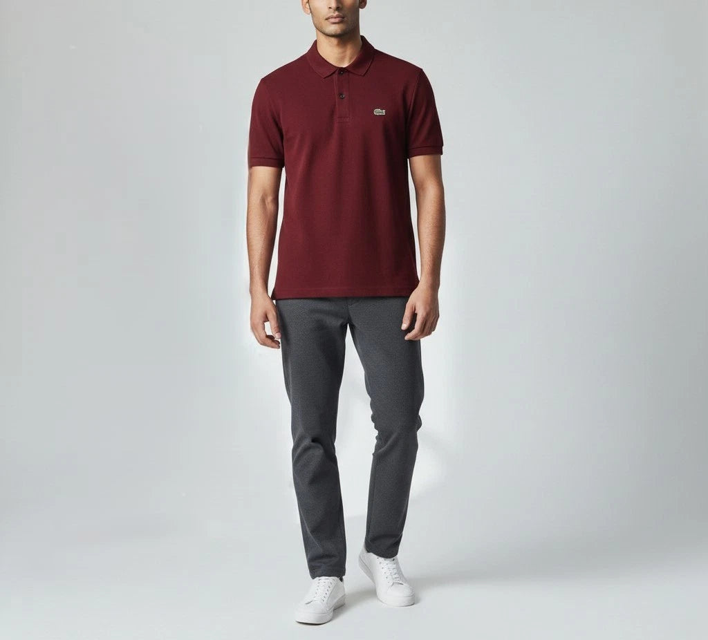 LACOSTE Slim Fit T-Shirt Mens MEDIUM Burgundy Polo Logo 1/4 Button Short Sleeve