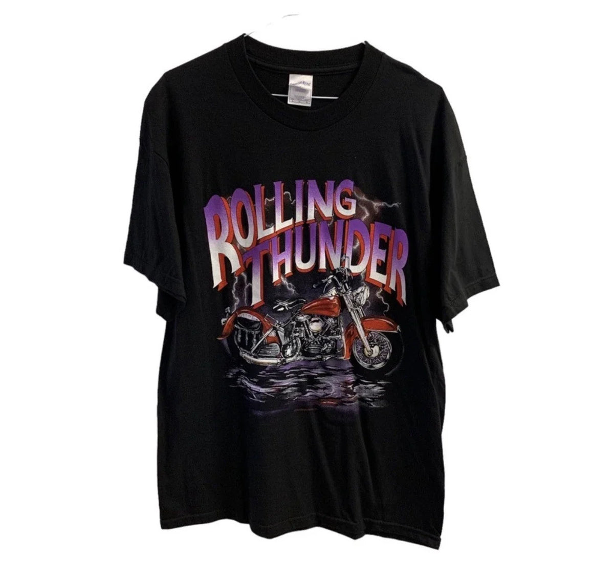 VTG Y2K Rolling Thunder T Shirt Size Large Black Purple Edgy Biker Crew Neck