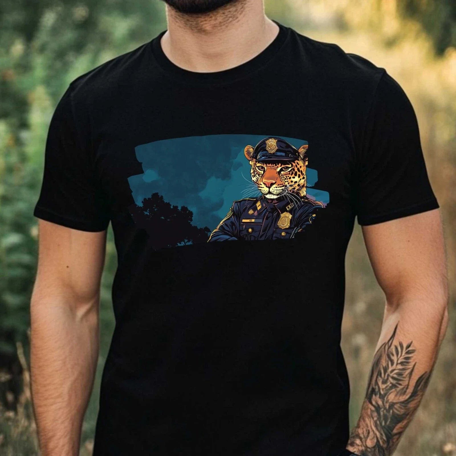 Mens Leopard Policeman Print Cotton T-Shirt Size XS to 5XL