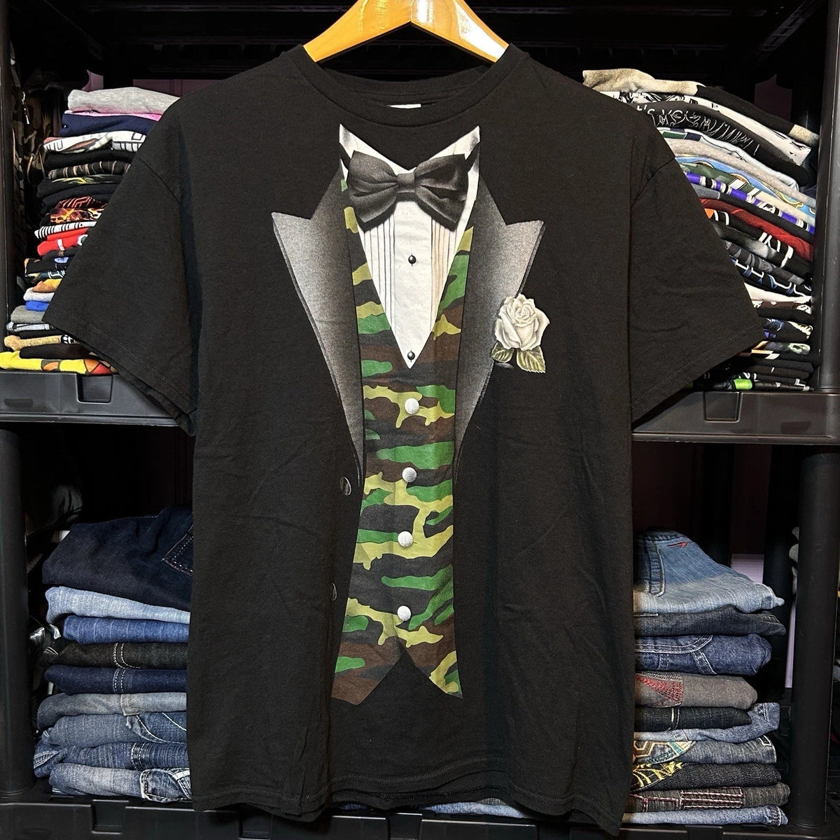 Y2K Camo Tuxedo Graphic T-Shirt Size L