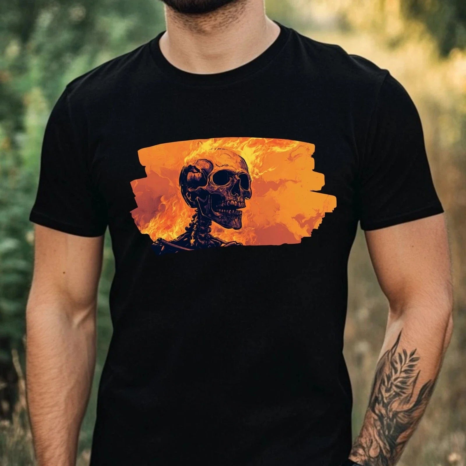 Mens Skeleton on Fire Motif Cotton T-Shirt Size XS to 5XL