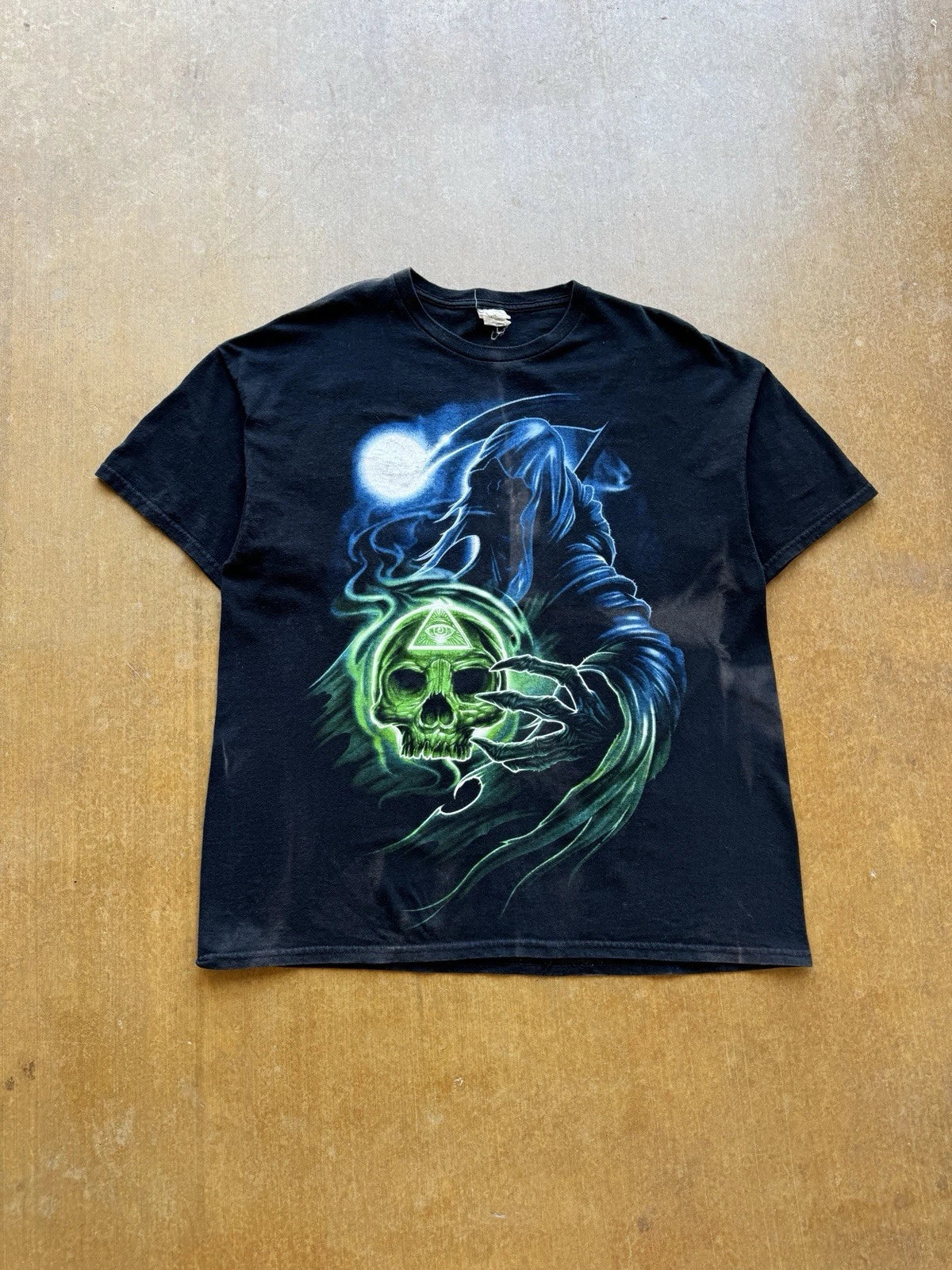 Sun Faded Black Skull Grim Reaper Skater Y2K Grunge Punk Goth T-Shirt XL