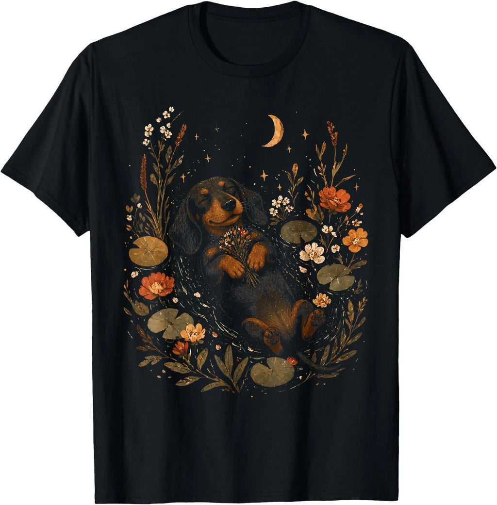 Dachshund Cute Aesthetic Goblincore Wildflower Art Floral T-Shirt