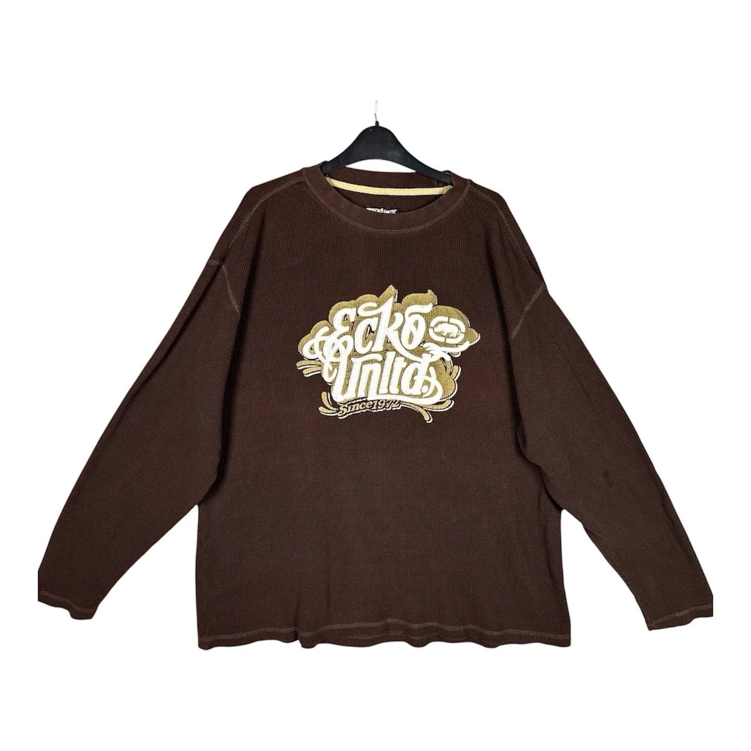 Vtg Ecko Unltd XXL Brown Waffle Long Slv Logo Shirt Hip Hop Y2K Streetwear 2XL