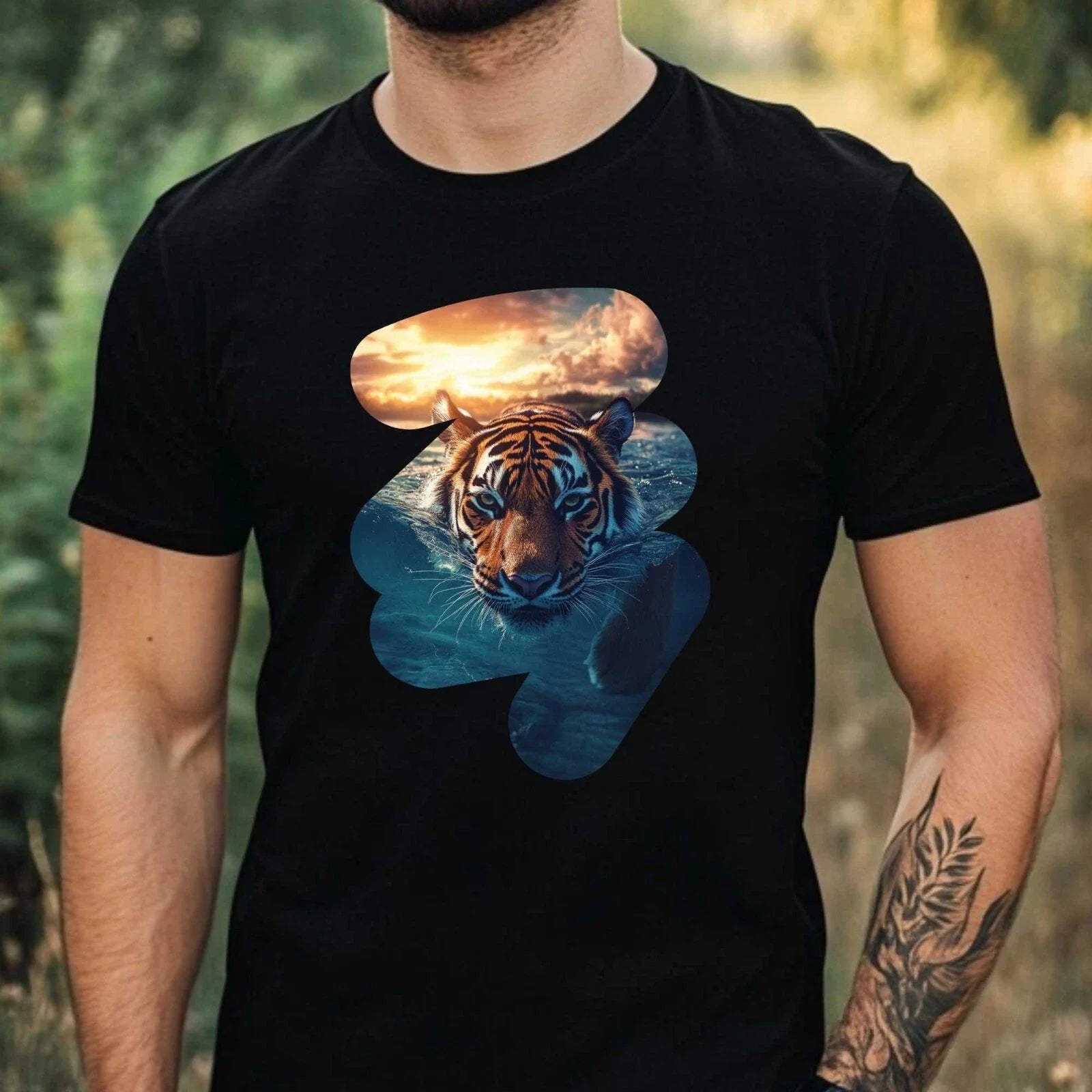 Mens Tiger Swimming In The Sea Motif Cotton T-Shirt Size XS to 5XL