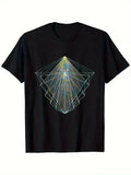 Men's 100% Geometric Triangle Print T-Shirt - Black with Blue & Golden Modern Pa