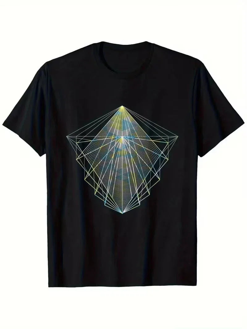 Men's 100% Geometric Triangle Print T-Shirt - Black with Blue & Golden Modern Pa