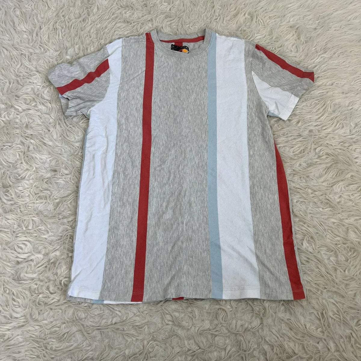 San Francisco Work Shirts T Shirt Gray Blue White Vertical Stripe Short Sleeve M