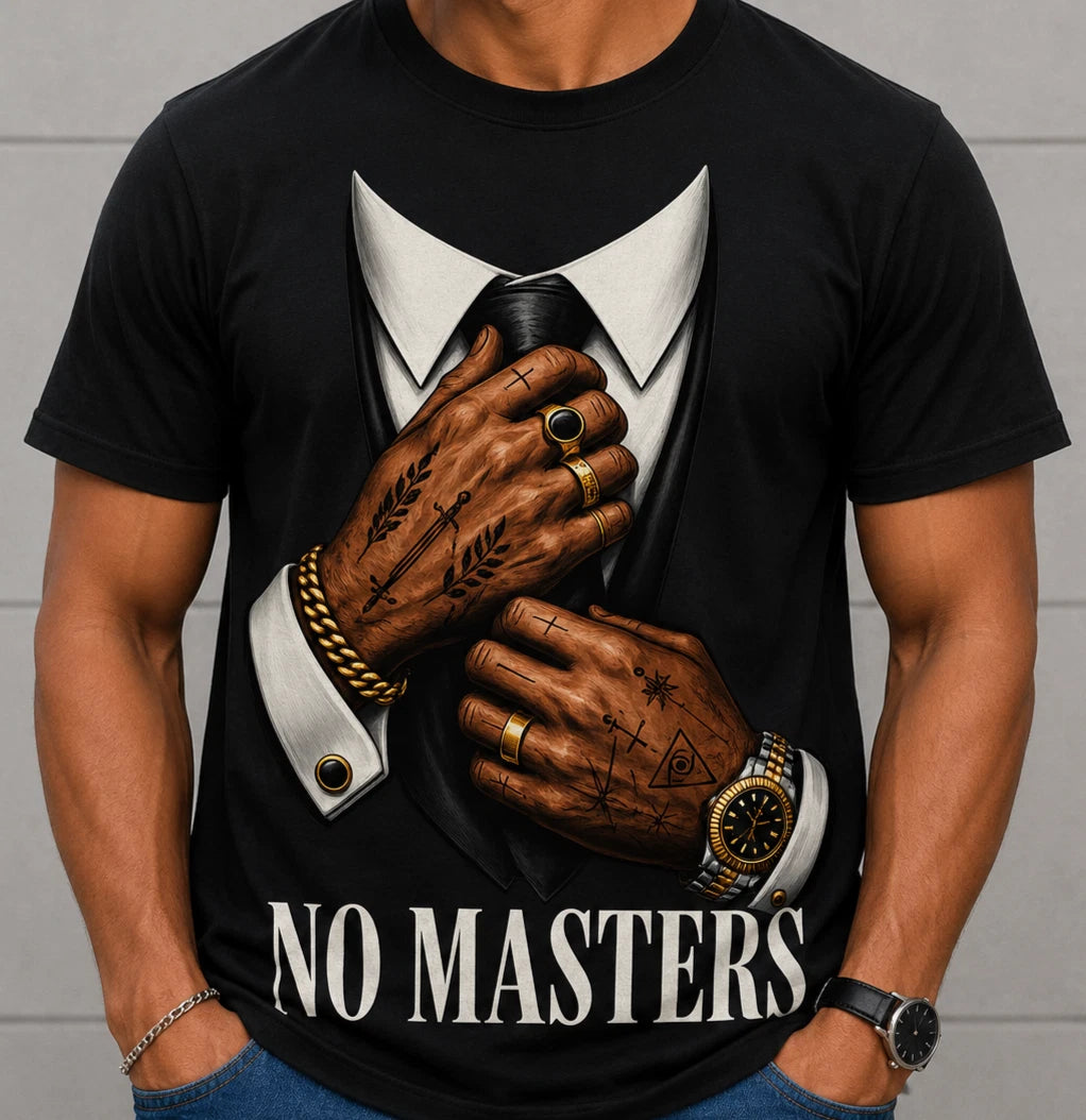 No Masters Graphic T-Shirt Men's Black Streetwear Tattoo Hands Suit & Tie