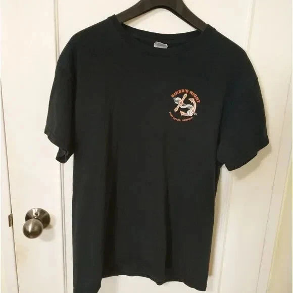 Gildan Men Black Cotton Bikers Night Crew Neck Short Sleeve Graphic T-Shirt Sz L