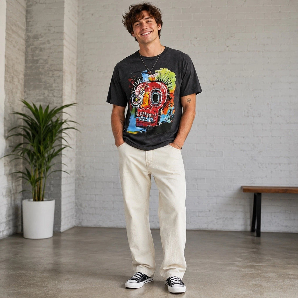 Basquiat Inspired Skull Graphic T Shirt Charcoal Gray Artsy Punk Grunge Tee