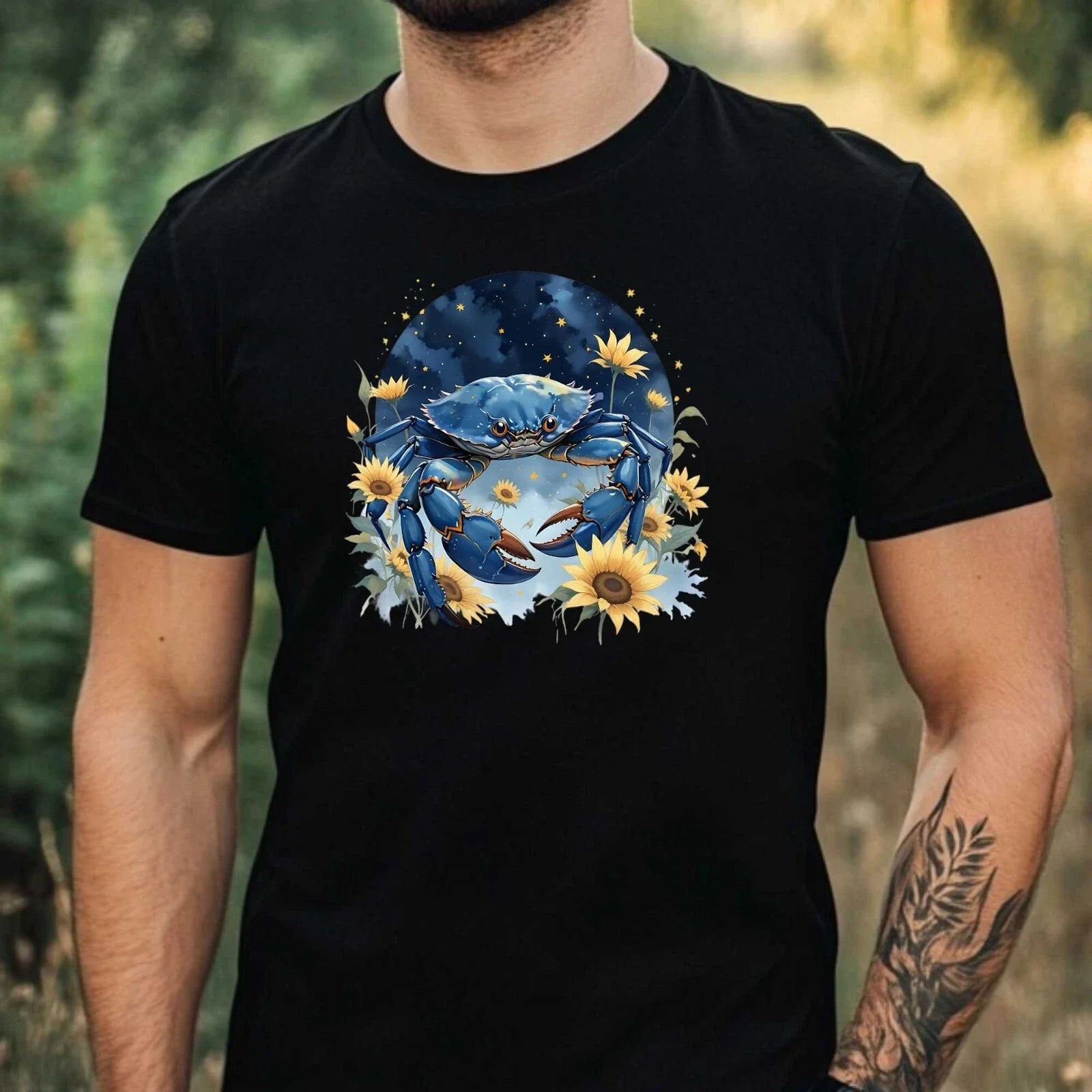 Mens Watercolour Underwater Motif Cotton T-Shirt Size XS to 5XL