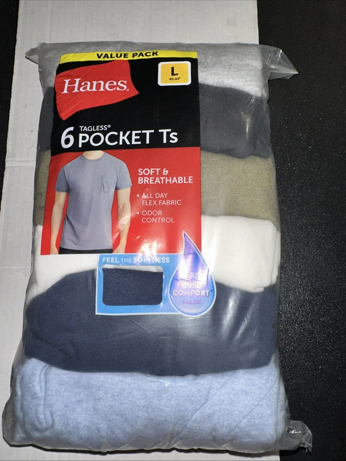 Hanes Tee Shirt, Pocket, Men Size L, 42 - 44, Soft/Breathable, Package of 6