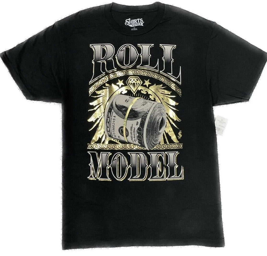 Men's T Shirt - ROLL MODEL-100 DOLLAR BILL- 100% cotton Black New