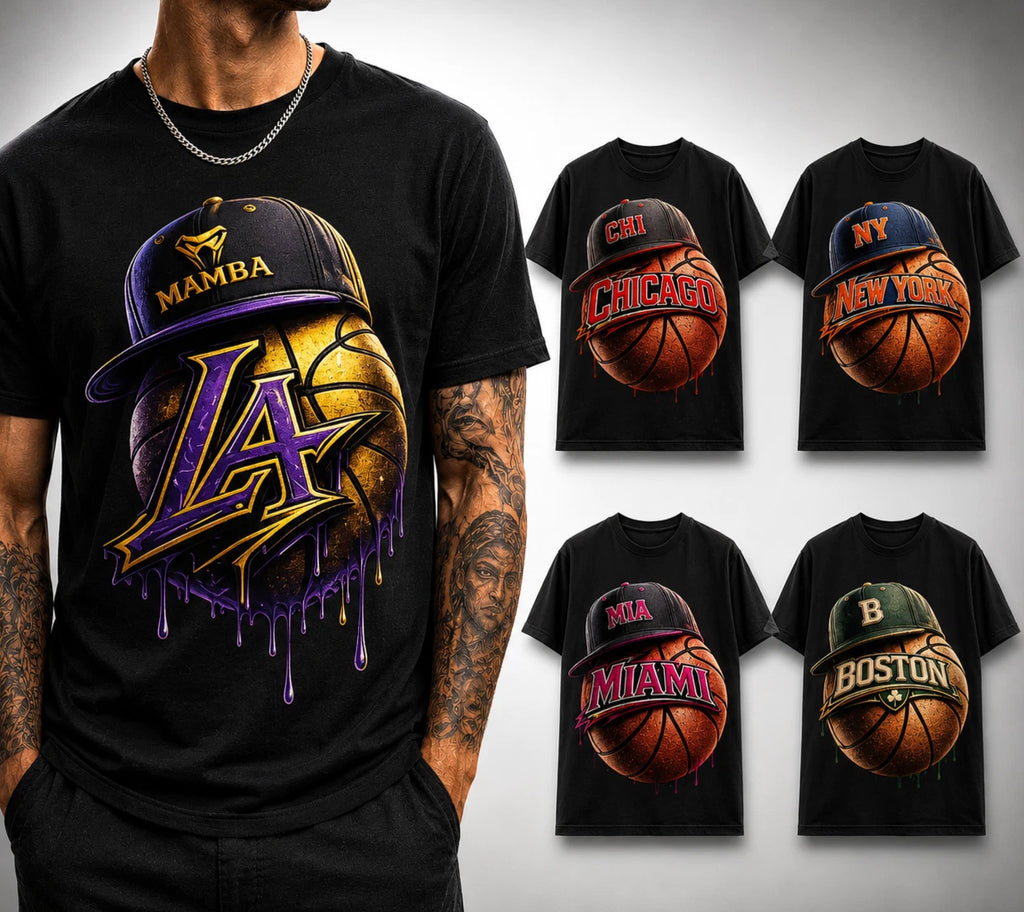 NBA Style Drip Basketball Graphic Tee - Streetwear Cap on Ball Shirt - All Teams