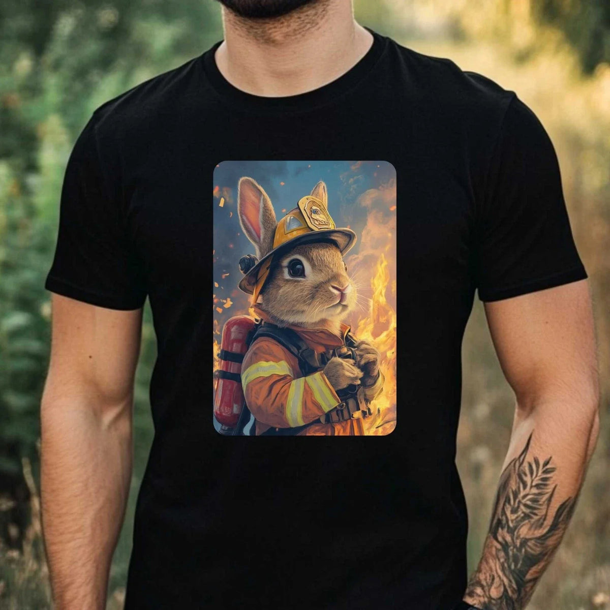 Mens Rabbit as Firefighter Motif Cotton T-Shirt Size XS to 5XL