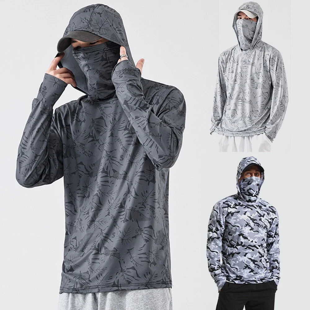 UPF50+ Men Long Sleeve Sun Skin Protection T-Shirt Outdoor Fishing Hoodies Tops