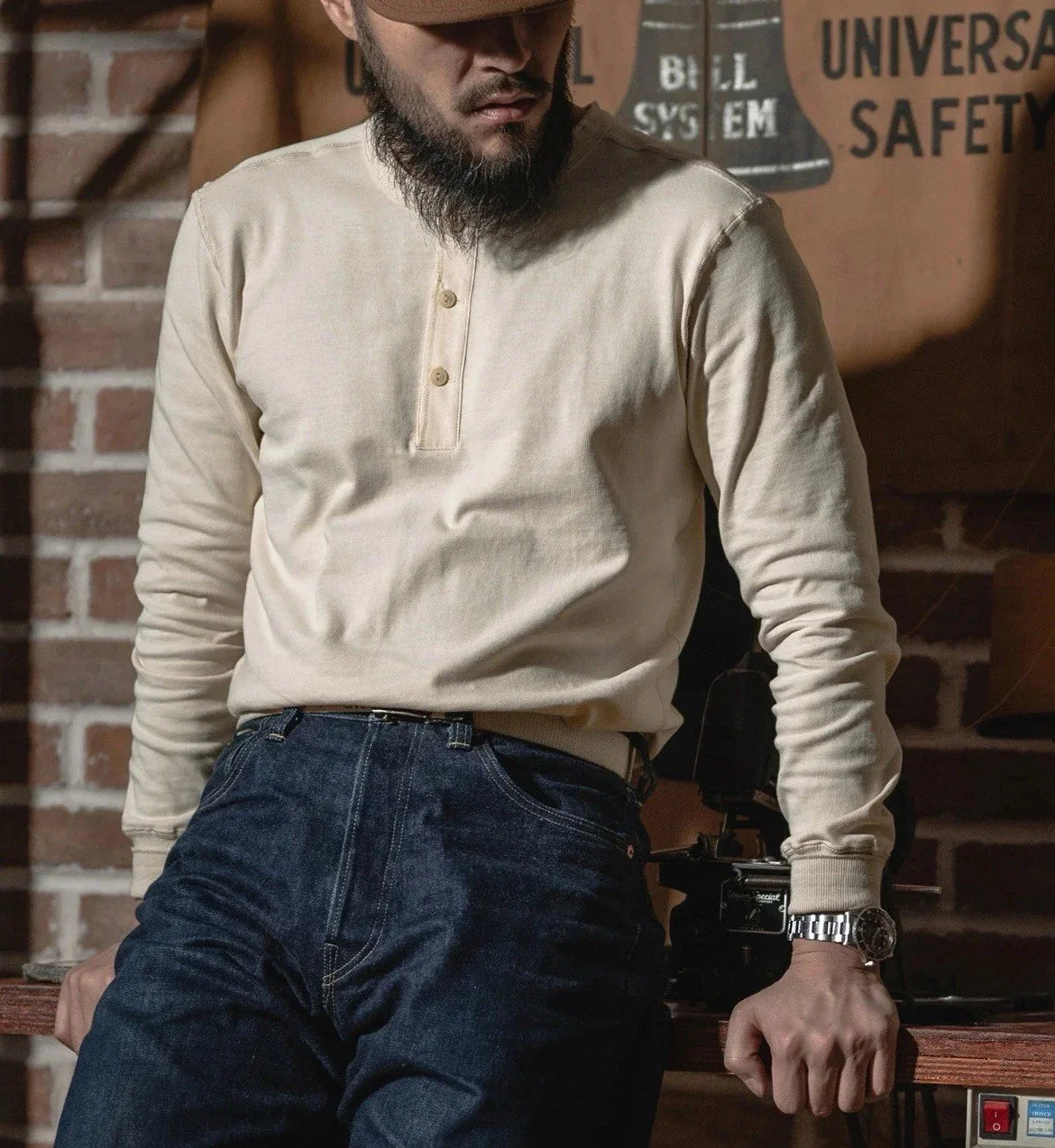 Vintage Long Sleeve Henley Shirt - Apricot M