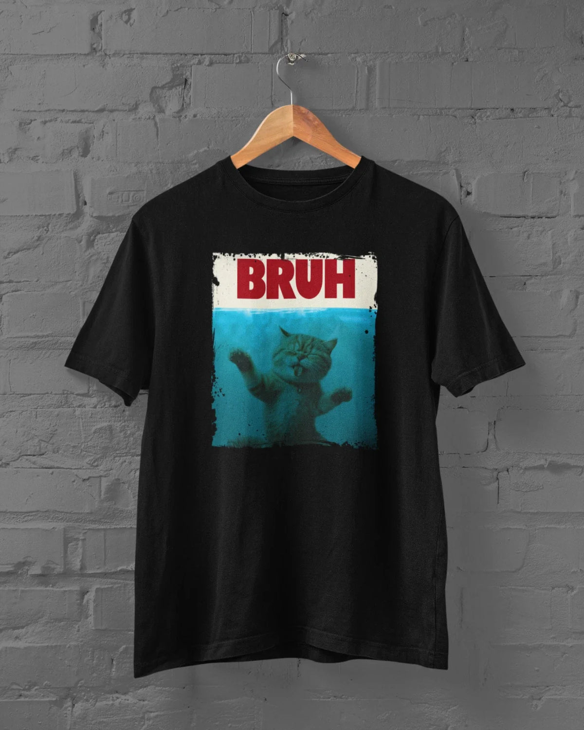 Bruh Funny Cat Meme Graphic T-Shirt, Black Cotton, Unisex, Size 2XL